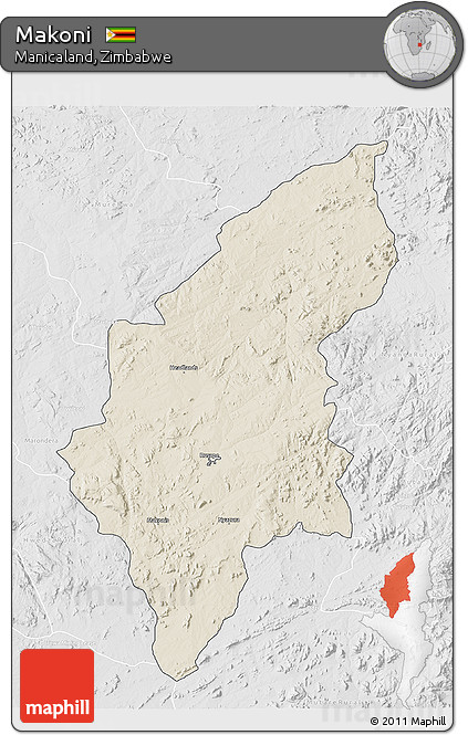 Shaded Relief 3D Map of Makoni, lighten, desaturated