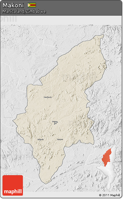 Shaded Relief 3D Map of Makoni, lighten, desaturated