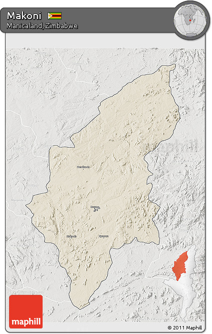 Shaded Relief 3D Map of Makoni, lighten, semi-desaturated