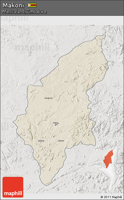 Shaded Relief 3D Map of Makoni, lighten, semi-desaturated