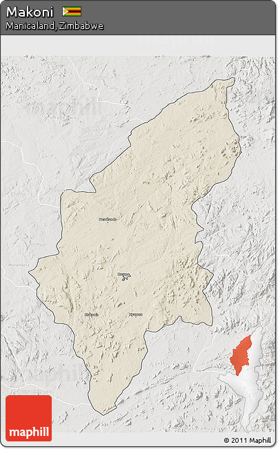Shaded Relief 3D Map of Makoni, lighten, semi-desaturated