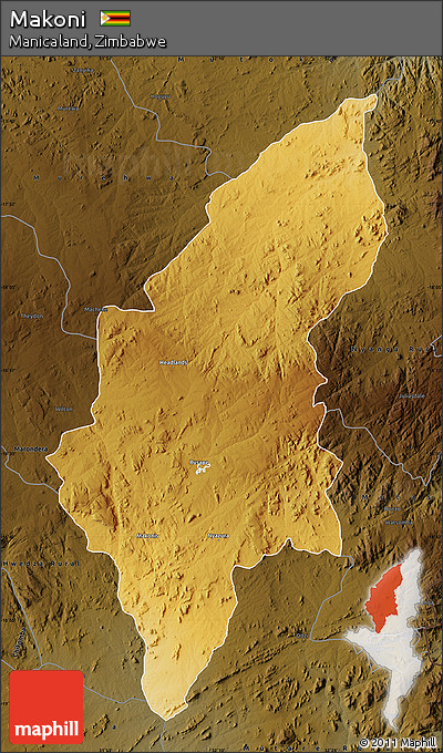 Physical Map of Makoni, darken
