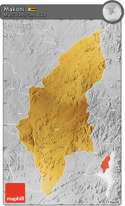 Physical Map of Makoni, lighten, desaturated