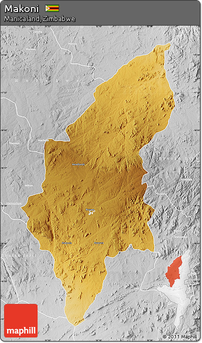Physical Map of Makoni, lighten, desaturated