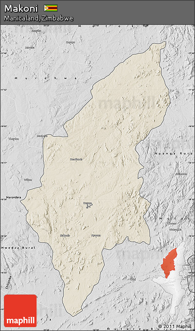 Shaded Relief Map of Makoni, desaturated