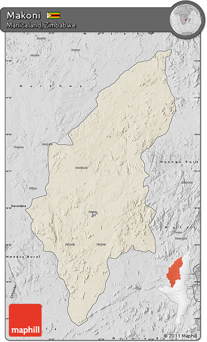 Shaded Relief Map of Makoni, desaturated