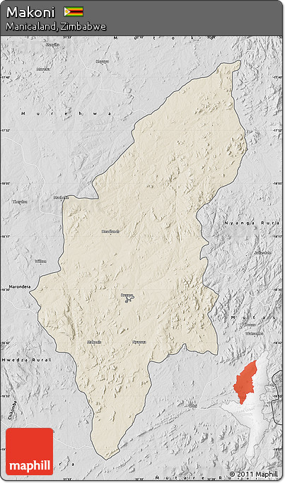 Shaded Relief Map of Makoni, desaturated