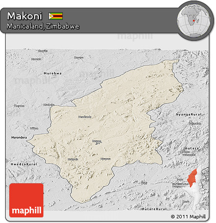Shaded Relief Panoramic Map of Makoni, desaturated