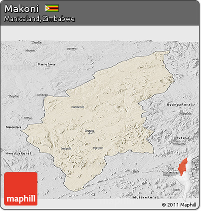 Shaded Relief Panoramic Map of Makoni, desaturated