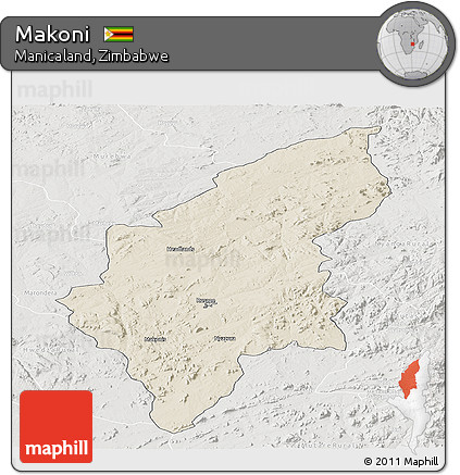Shaded Relief Panoramic Map of Makoni, lighten, semi-desaturated