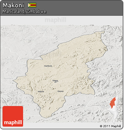 Shaded Relief Panoramic Map of Makoni, lighten, semi-desaturated