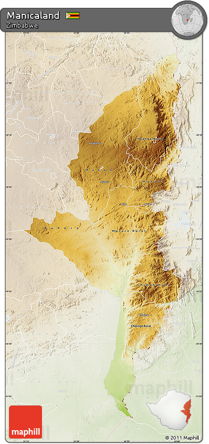 Physical Map of Manicaland, lighten