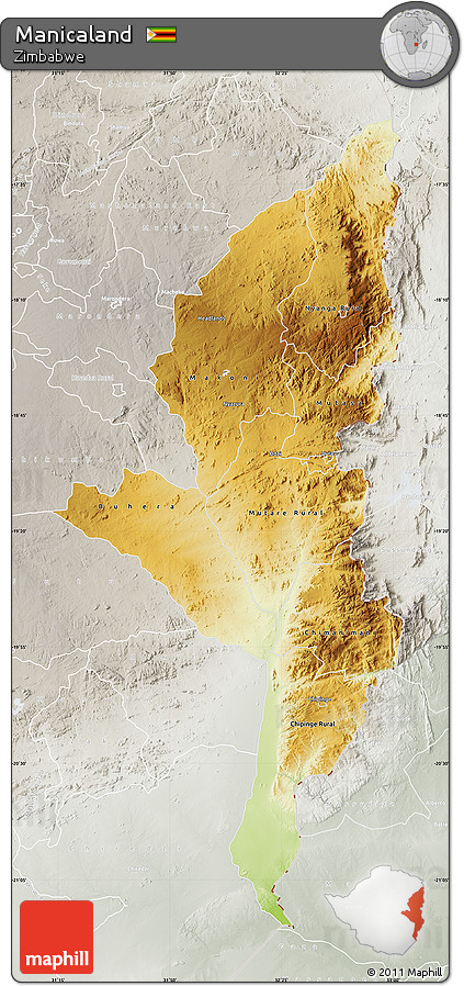 Physical Map of Manicaland, lighten, semi-desaturated