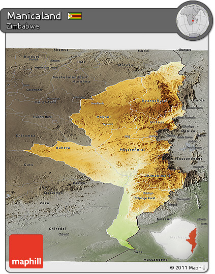 Physical Panoramic Map of Manicaland, darken, semi-desaturated