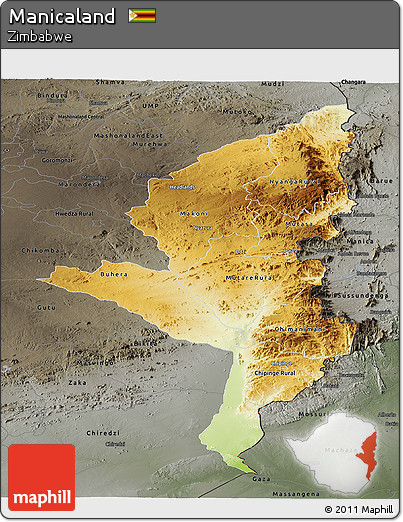 Physical Panoramic Map of Manicaland, darken, semi-desaturated
