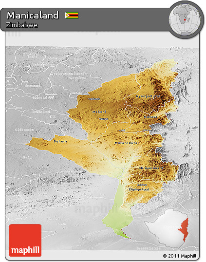 Physical Panoramic Map of Manicaland, lighten, desaturated