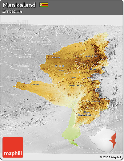 Physical Panoramic Map of Manicaland, lighten, desaturated