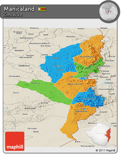 Political Panoramic Map of Manicaland, shaded relief outside