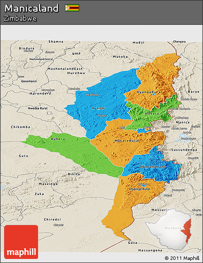 Political Panoramic Map of Manicaland, shaded relief outside