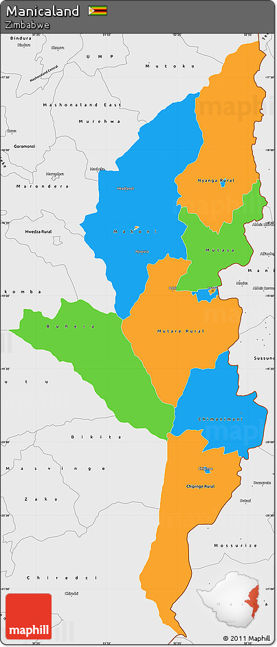 Political Simple Map of Manicaland, single color outside, borders and labels