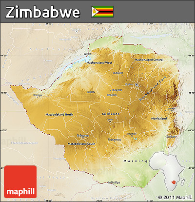 Physical Map of Zimbabwe, lighten