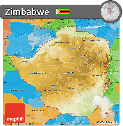 Physical Map of Zimbabwe, political outside