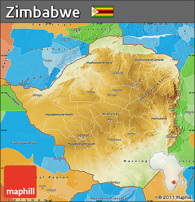 Physical Map of Zimbabwe, political outside