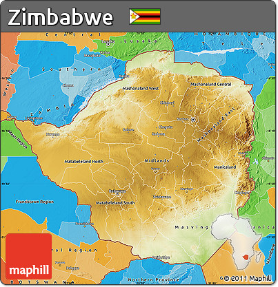 Physical Map of Zimbabwe, political outside