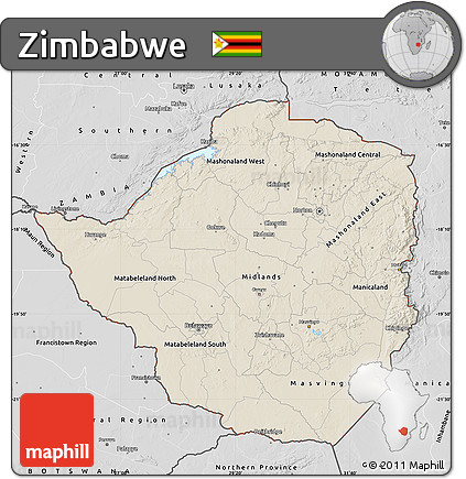 Shaded Relief Map of Zimbabwe, desaturated