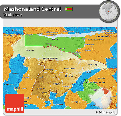 Physical 3D Map of Mashonaland Central, political outside