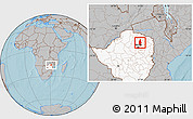 Gray Location Map of Bindura, highlighted country, hill shading