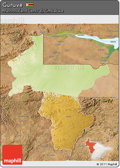 Physical 3D Map of Guruve, satellite outside