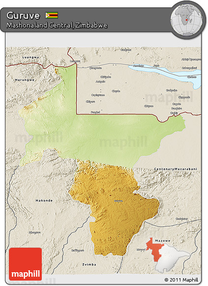 Physical 3D Map of Guruve, shaded relief outside