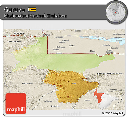 Physical Panoramic Map of Guruve, shaded relief outside