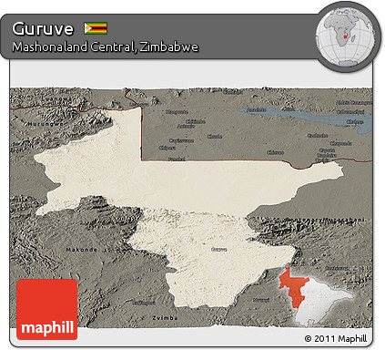 Shaded Relief Panoramic Map of Guruve, darken