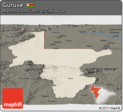 Shaded Relief Panoramic Map of Guruve, darken