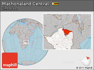 Gray Location Map of Mashonaland Central, highlighted country, hill shading