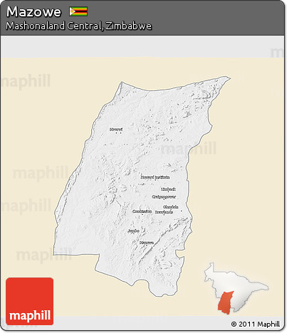 Classic Style 3D Map of Mazowe, single color outside