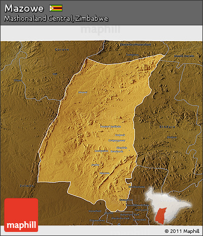 Physical 3D Map of Mazowe, darken