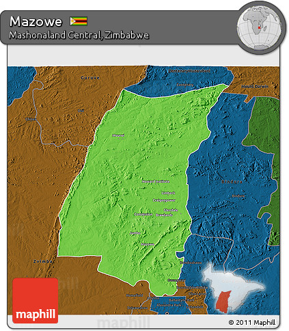 Political 3D Map of Mazowe, darken