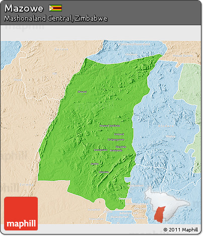 Political 3D Map of Mazowe, lighten