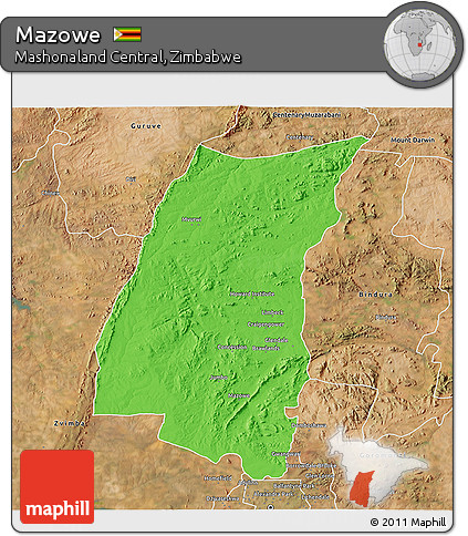 Political 3D Map of Mazowe, satellite outside