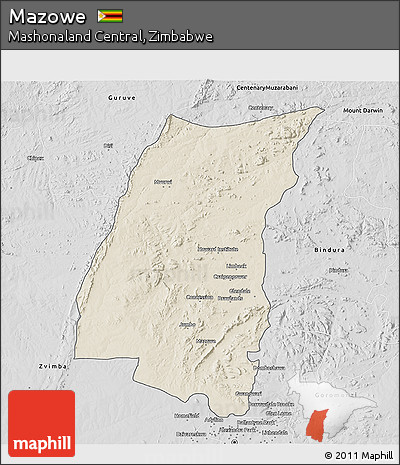 Shaded Relief 3D Map of Mazowe, desaturated