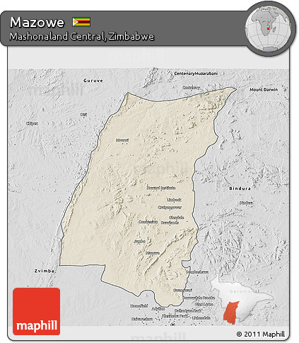 Shaded Relief 3D Map of Mazowe, desaturated