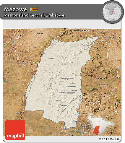 Shaded Relief 3D Map of Mazowe, satellite outside