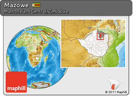 Physical Location Map of Mazowe, highlighted country, highlighted parent region, within the entire country