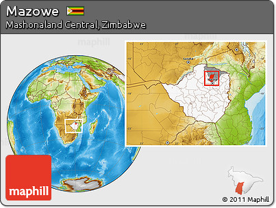 Physical Location Map of Mazowe, highlighted country, highlighted parent region, within the entire country