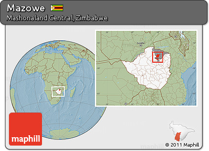 Savanna Style Location Map of Mazowe, highlighted country, highlighted parent region, within the entire country, hill shading