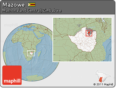 Savanna Style Location Map of Mazowe, highlighted country, highlighted parent region, within the entire country, hill shading