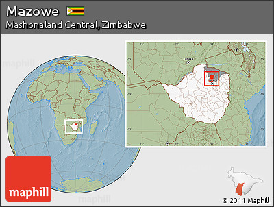 Savanna Style Location Map of Mazowe, highlighted country, highlighted parent region, within the entire country, hill shading